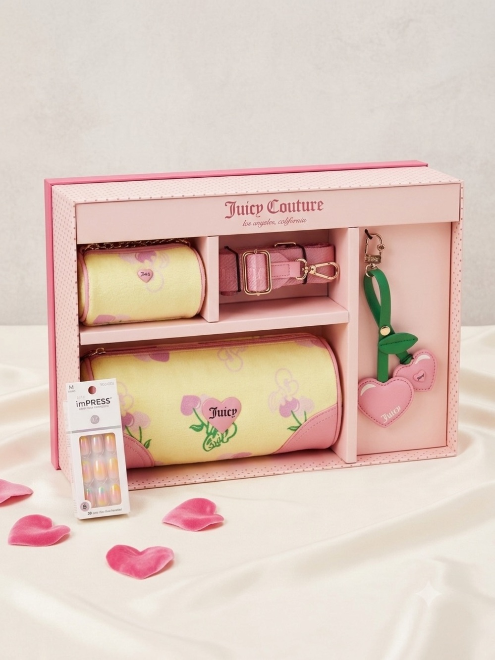 Juicy Couture Yellow & Pink Floral Barrel Bag Accessory Set with Heart Charms
